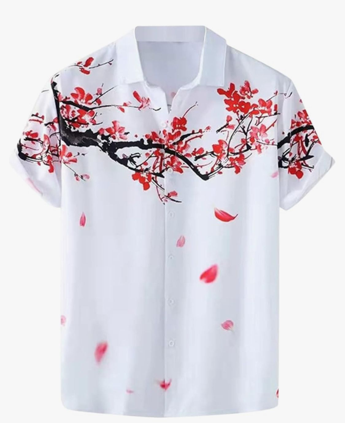 Kemeja putih dengan motif bunga merah Sakura Line